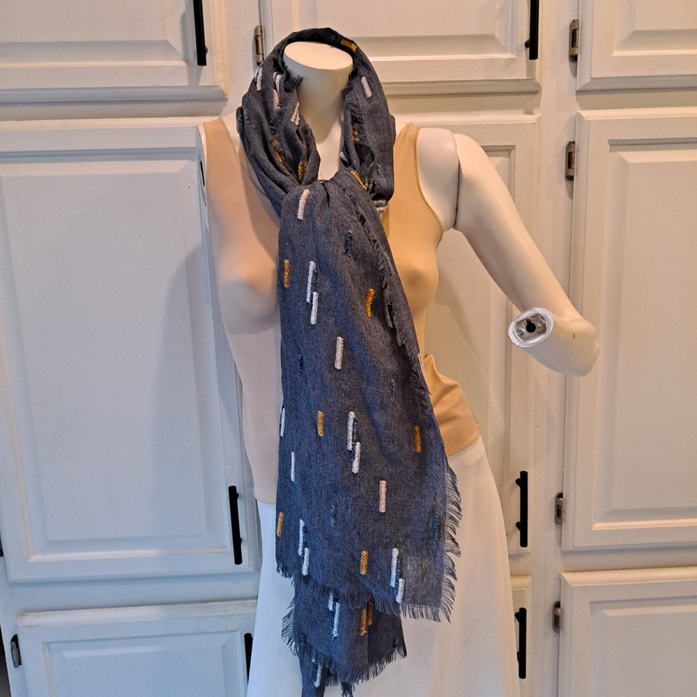 Universal Thread Denim Blue Scarf w/Blue, White Gold Chenille Dash Print Accents